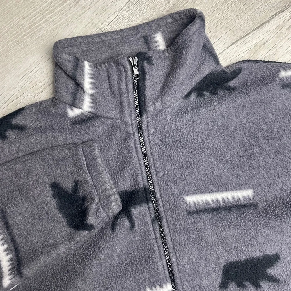 Vintage Wildlife Fleece Jacket Grey Bear Moose Print Full Zip Mens L USA Made